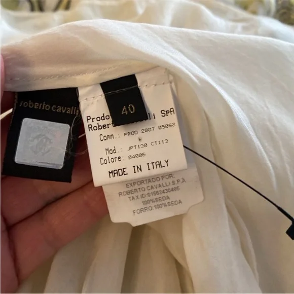 Roberto Cavalli White and Green Off-Shoulder silk Dress,